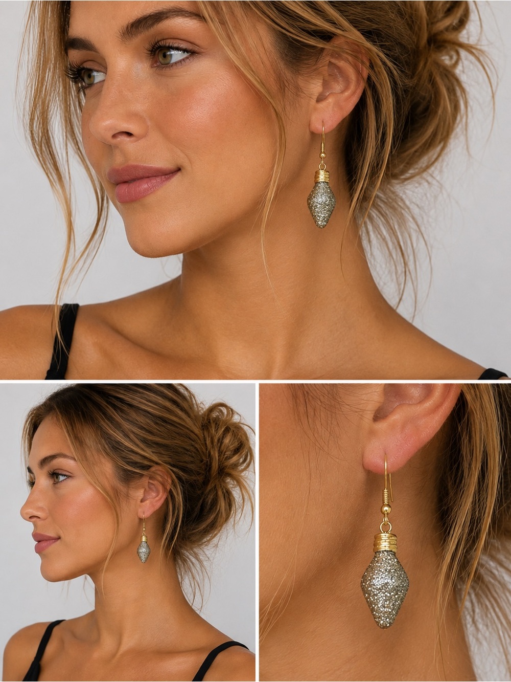 Handmade Gold Silver Glitter Christmas Light Bulb Dangle Earrings